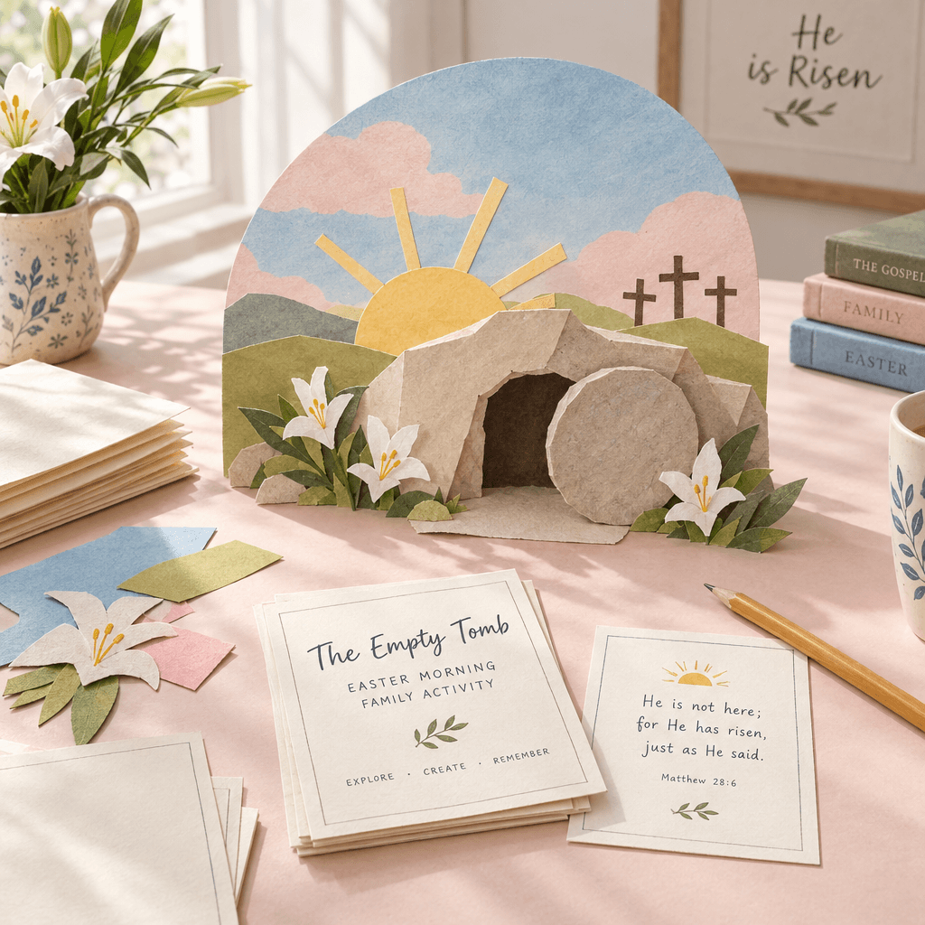 Paper garden tomb and sunrise Easter activity with lilies and pencils