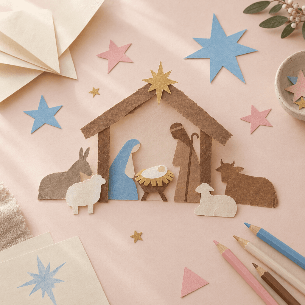 A cut-paper nativity craft with a stable, small animals and colored stars