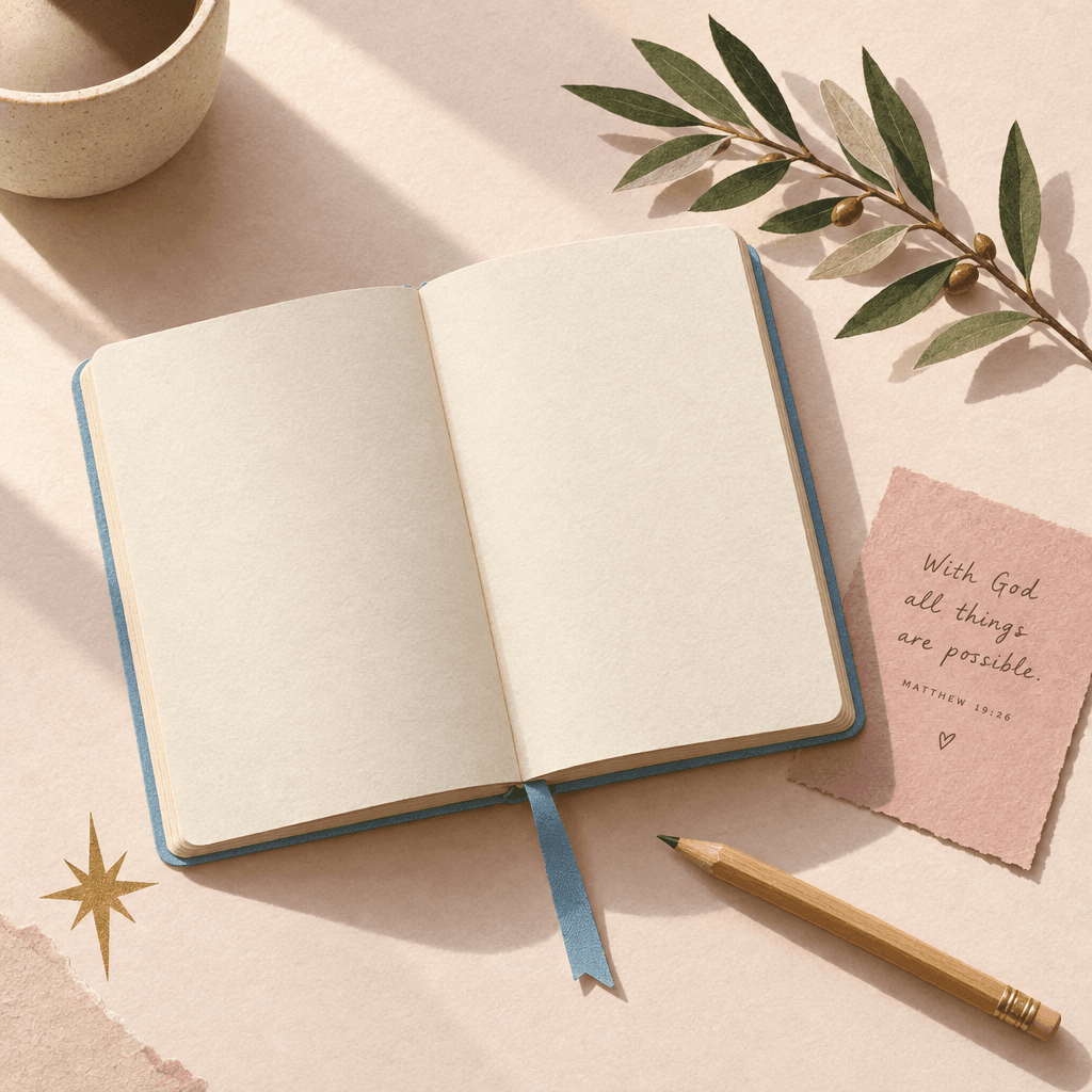 Open cream journal, blue ribbon, pencil and olive leaves on a pale desk